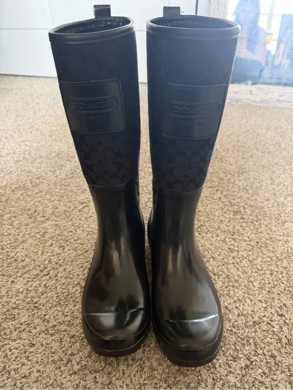 Coach Tall Rain Boots, Black Signature print
